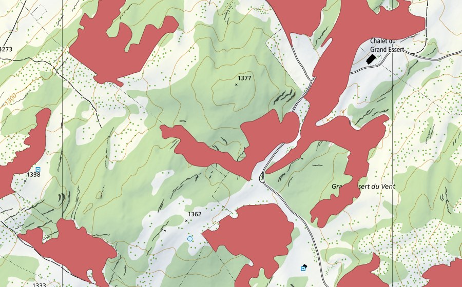 Landeskarte swisstopo mit dem Schutzperimeter von Cht du Grand Essert (Trockenwiese)