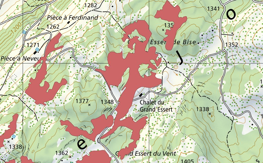 Carte nationale swisstopo avec le périmètre protégé de Cht du Grand Essert (Prairie sèche)