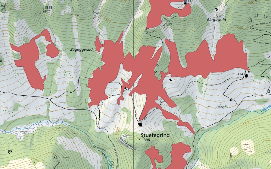 Landeskarte swisstopo mit dem Schutzperimeter von Chuelouenen (Trockenwiese)