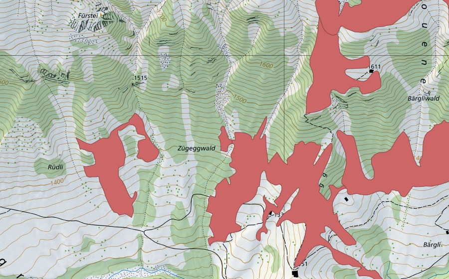 Carte nationale swisstopo avec le périmètre protégé de Chuelouenen (Prairie sèche)