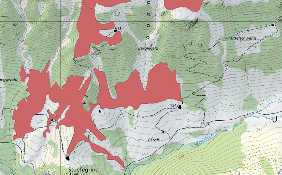 Carte nationale swisstopo avec le périmètre protégé de Chuelouenen (Prairie sèche)