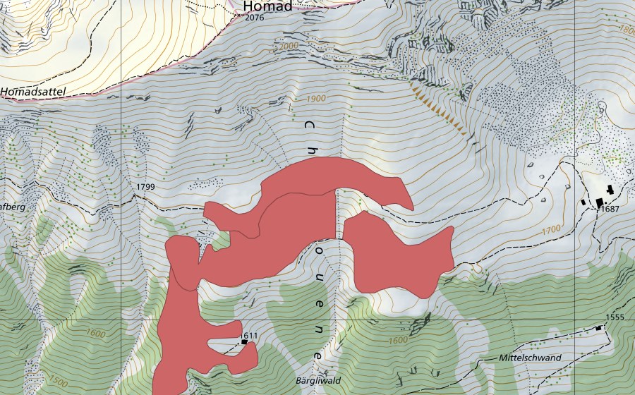 Carte nationale swisstopo avec le périmètre protégé de Chuelouenen (Prairie sèche)