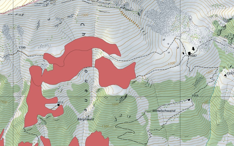 Carte nationale swisstopo avec le périmètre protégé de Chuelouenen (Prairie sèche)