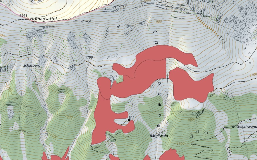 Carte nationale swisstopo avec le périmètre protégé de Chuelouenen (Prairie sèche)