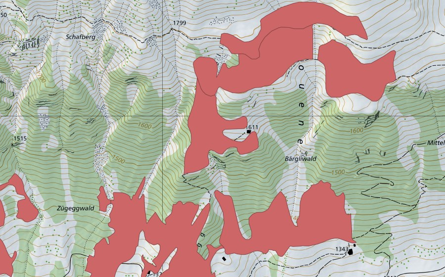 Carte nationale swisstopo avec le périmètre protégé de Chuelouenen (Prairie sèche)