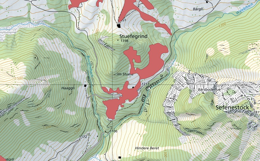 swisstopo national map showing the protected perimeter of Chuelouenen (Dry meadow)