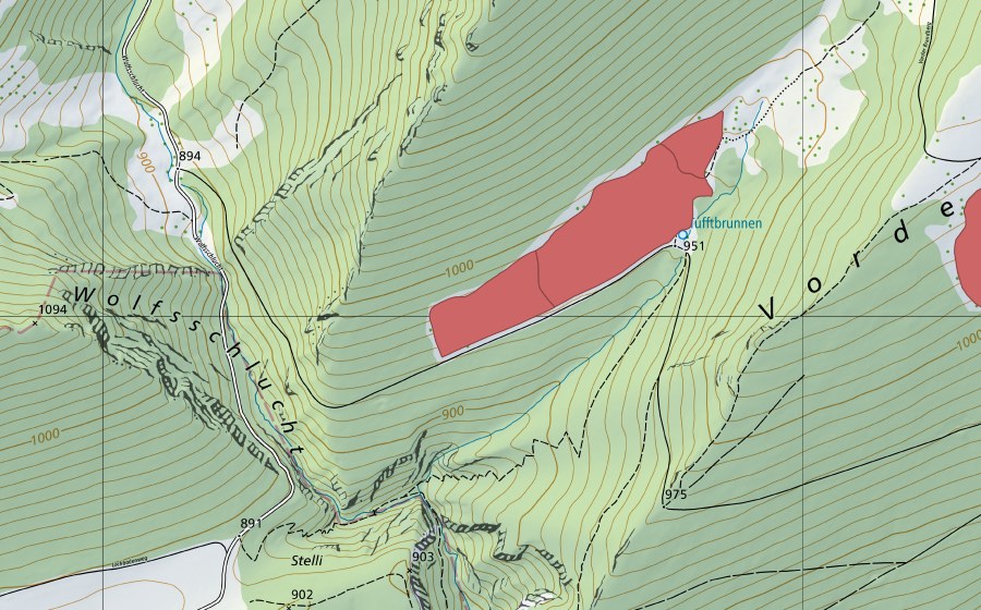 swisstopo national map showing the protected perimeter of Chüematt (Dry meadow)