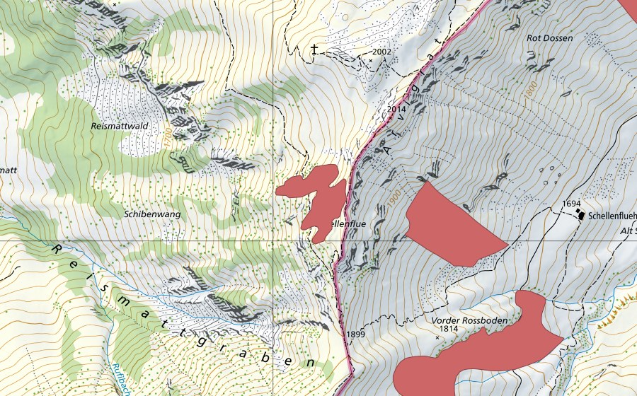 Carte nationale swisstopo avec le périmètre protégé de Chueneren (Prairie sèche)