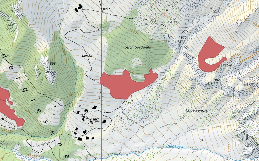 Landeskarte swisstopo mit dem Schutzperimeter von Chüewengleni (Trockenwiese)