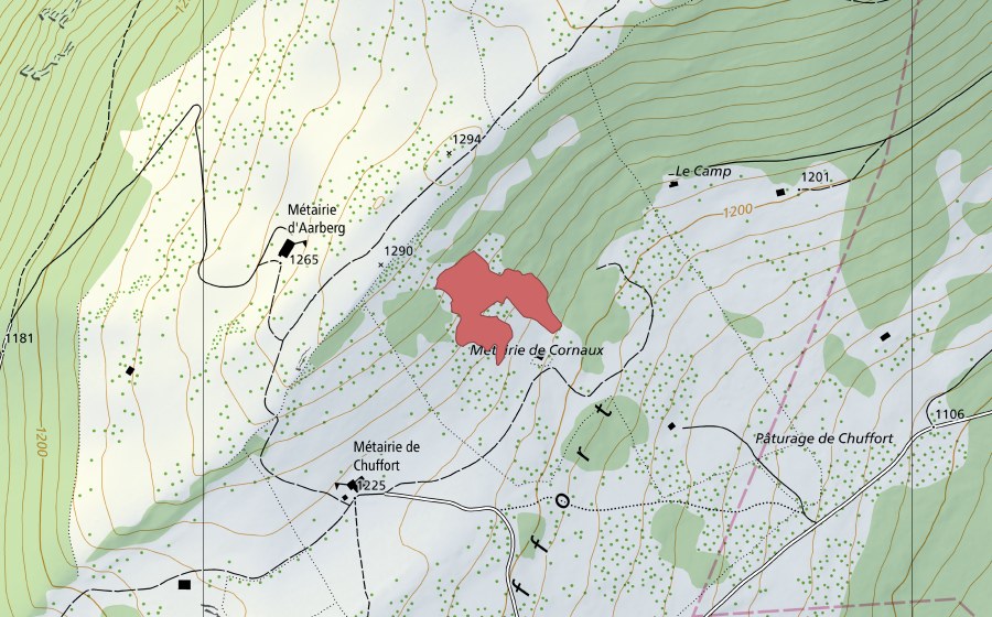 Landeskarte swisstopo mit dem Schutzperimeter von Chuffort (Trockenwiese)