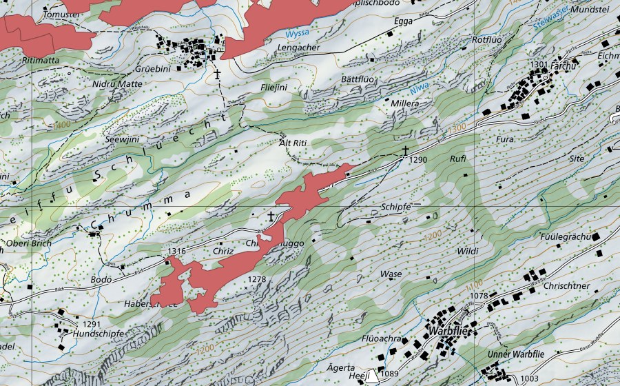 Carte nationale swisstopo avec le périmètre protégé de Chumma (Prairie sèche)