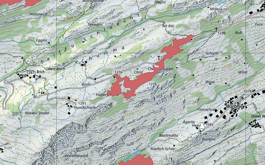 Landeskarte swisstopo mit dem Schutzperimeter von Chumma (Trockenwiese)