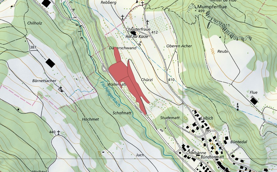 Landeskarte swisstopo mit dem Schutzperimeter von Chürzi (Trockenwiese)