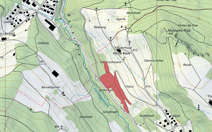 Carte nationale swisstopo avec le périmètre protégé de Chürzi (Prairie sèche)