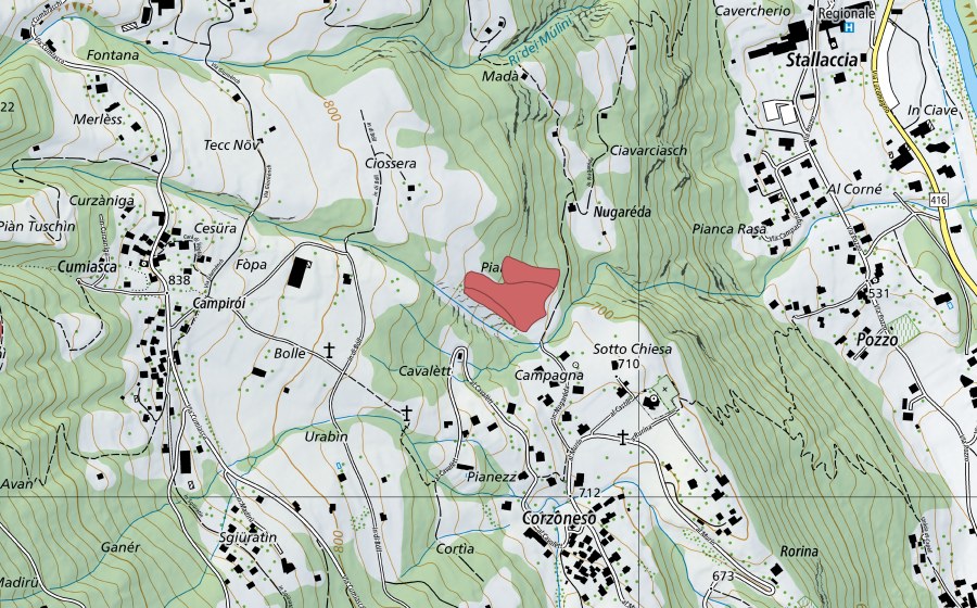 Carte nationale swisstopo avec le périmètre protégé de Ciossera (Prairie sèche)