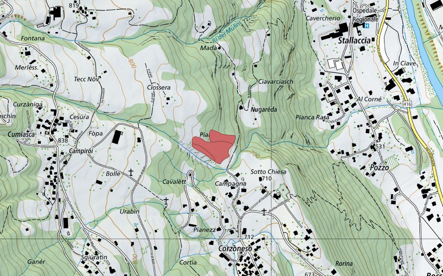 Carte nationale swisstopo avec le périmètre protégé de Ciossera (Prairie sèche)
