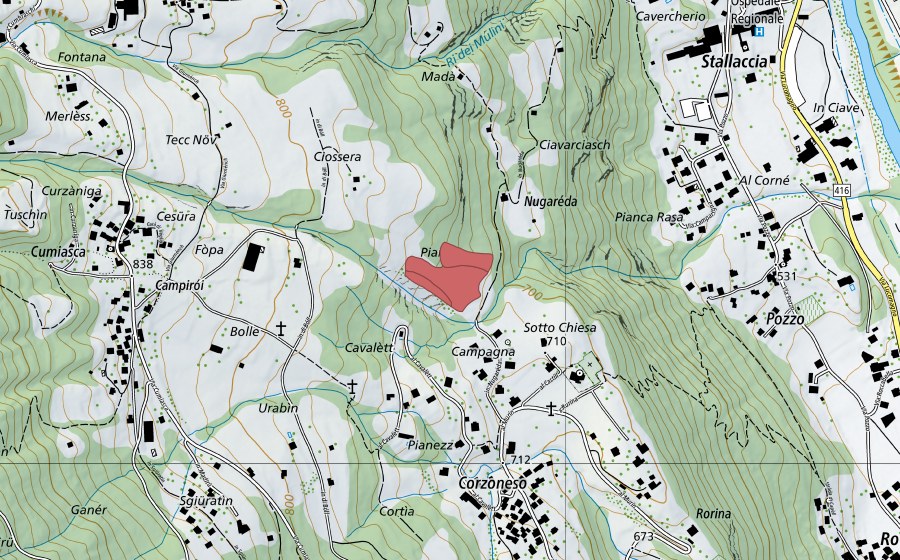 swisstopo national map showing the protected perimeter of Ciossera (Dry meadow)