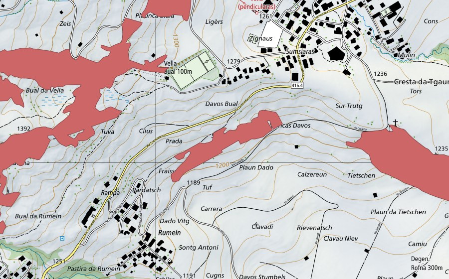 Carte nationale swisstopo avec le périmètre protégé de Clavadi (Prairie sèche)