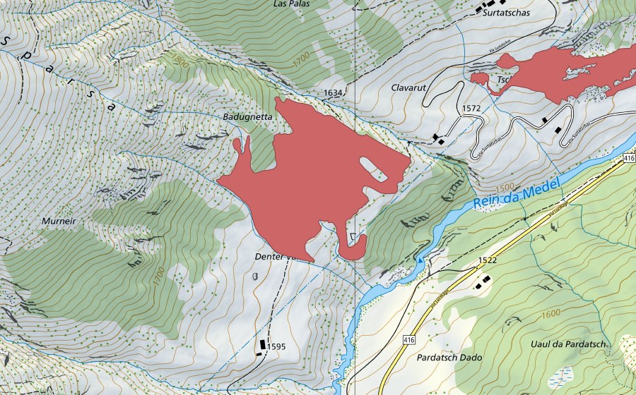 Carte nationale swisstopo avec le périmètre protégé de Clavarut (Prairie sèche)