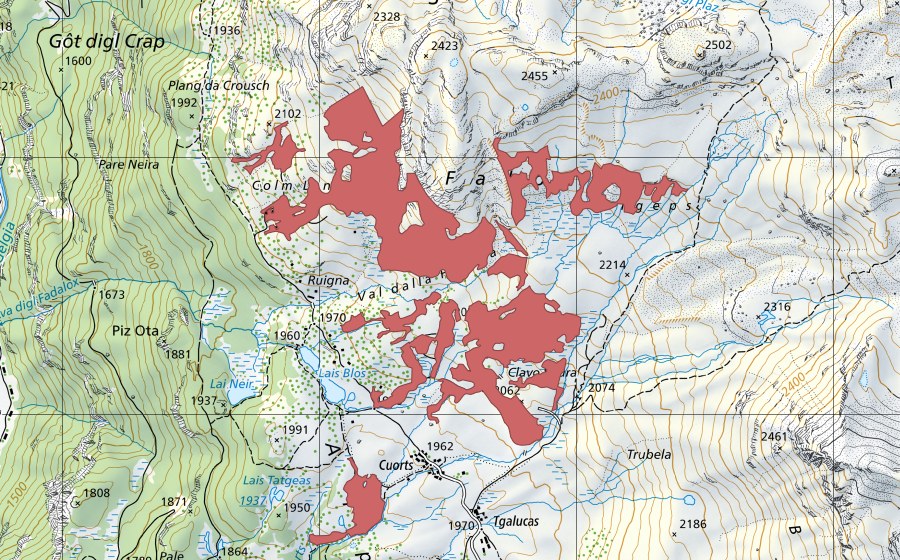 Landeskarte swisstopo mit dem Schutzperimeter von Clavo Soura (Trockenwiese)