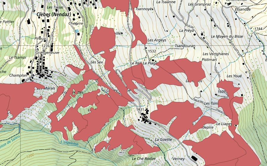 Landeskarte swisstopo mit dem Schutzperimeter von Clèbes (Trockenwiese)