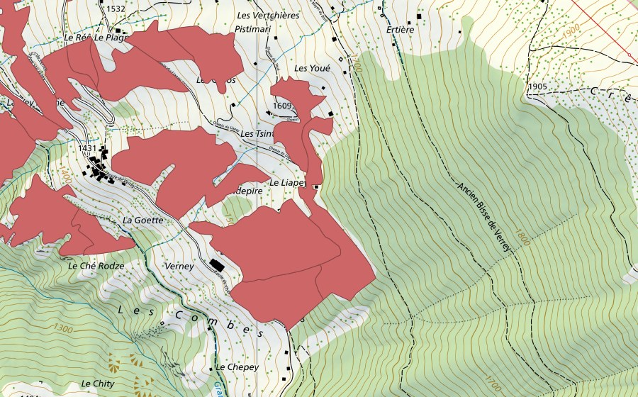 swisstopo national map showing the protected perimeter of Clèbes (Dry meadow)