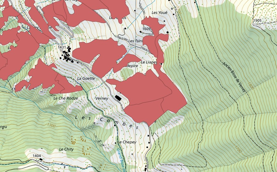 swisstopo national map showing the protected perimeter of Clèbes (Dry meadow)