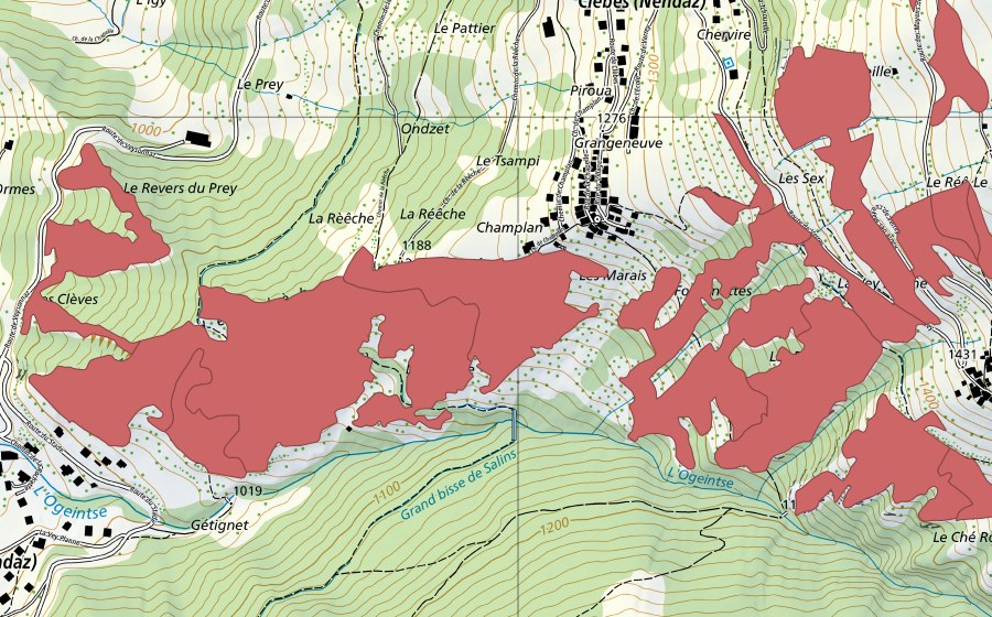 Landeskarte swisstopo mit dem Schutzperimeter von Clèbes (Trockenwiese)