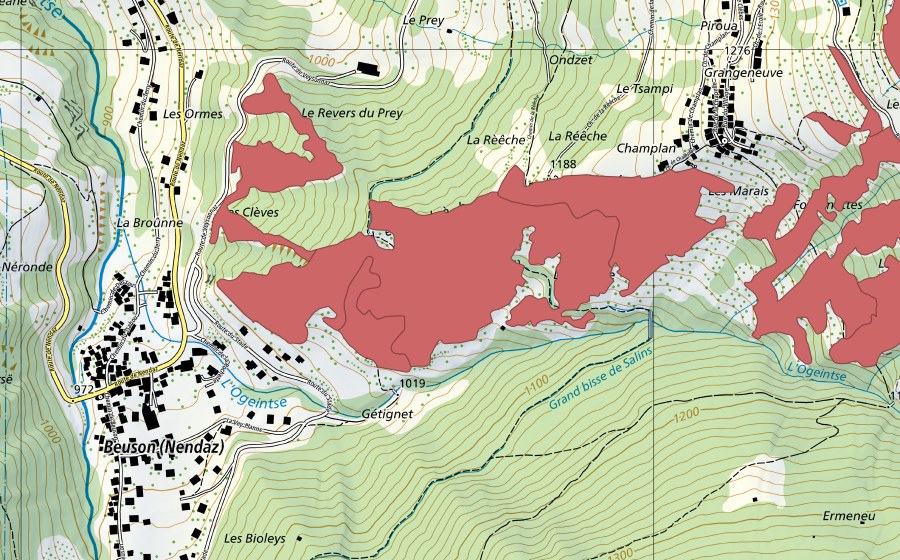 swisstopo national map showing the protected perimeter of Clèbes (Dry meadow)