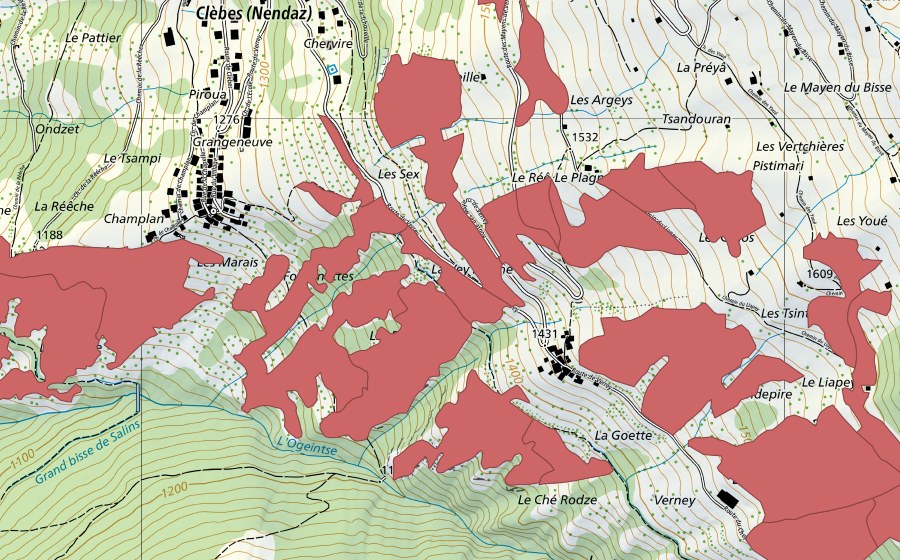 swisstopo national map showing the protected perimeter of Clèbes (Dry meadow)