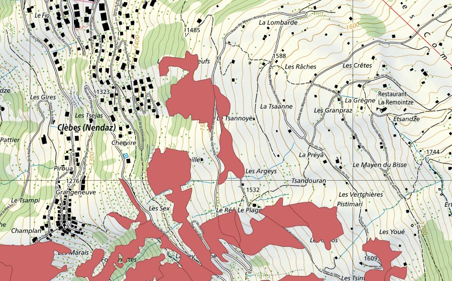 swisstopo national map showing the protected perimeter of Clèbes (Dry meadow)