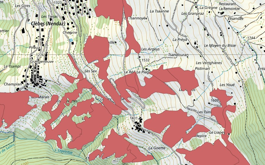 swisstopo national map showing the protected perimeter of Clèbes (Dry meadow)