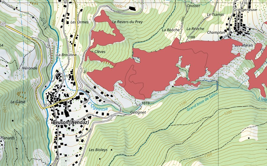 Carte nationale swisstopo avec le périmètre protégé de Clèbes (Prairie sèche)