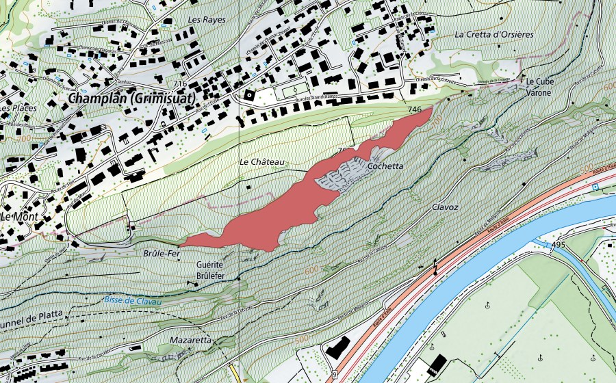 swisstopo national map showing the protected perimeter of Cochetta (Dry meadow)