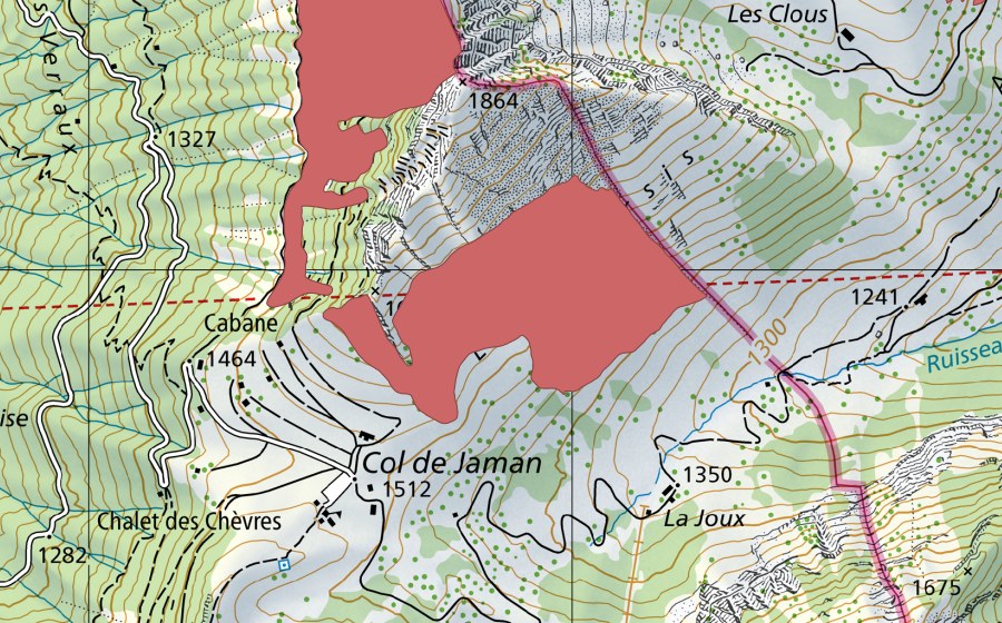 Carte nationale swisstopo avec le périmètre protégé de Col de Jaman (Prairie sèche)