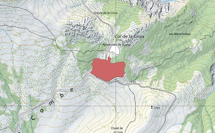Landeskarte swisstopo mit dem Schutzperimeter von Col de la Croix (Trockenwiese)
