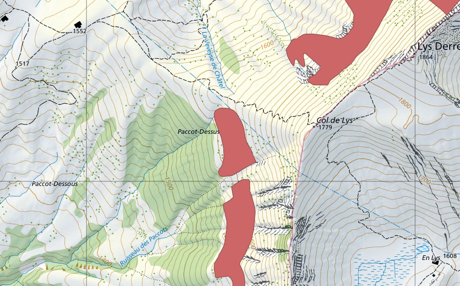 Landeskarte swisstopo mit dem Schutzperimeter von Col de Lys (Trockenwiese)