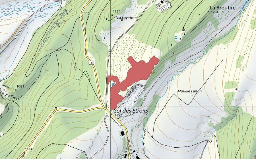 swisstopo national map showing the protected perimeter of Col des Etroits (Dry meadow)