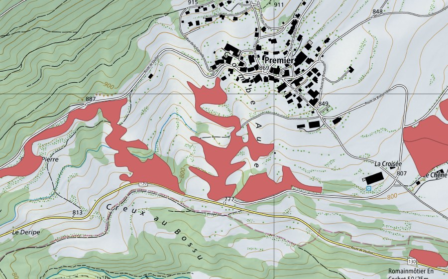 Landeskarte swisstopo mit dem Schutzperimeter von Combe Aubert (Trockenwiese)