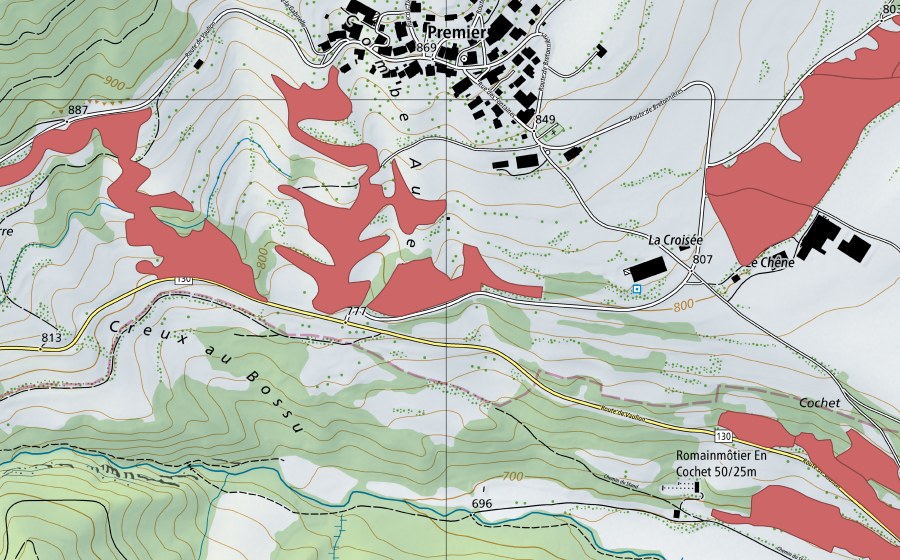 Carte nationale swisstopo avec le périmètre protégé de Combe Aubert (Prairie sèche)