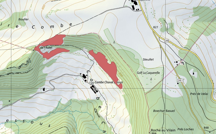 Carte nationale swisstopo avec le périmètre protégé de Combe Chavat Dessus (Prairie sèche)