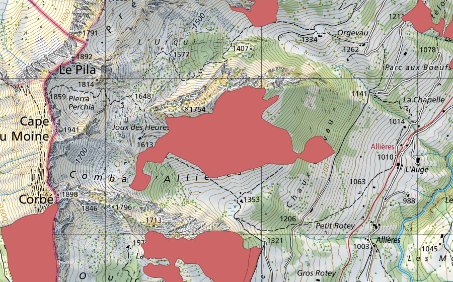 Landeskarte swisstopo mit dem Schutzperimeter von Combe d'Allières (Trockenwiese)