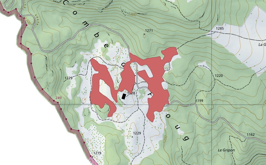 Carte nationale swisstopo avec le périmètre protégé de Combe du Faoug (Prairie sèche)