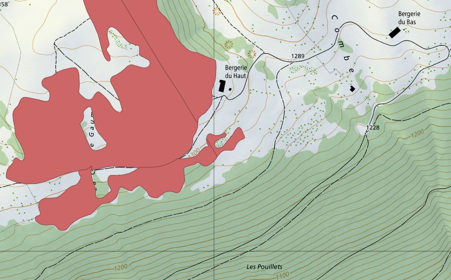 Carte nationale swisstopo avec le périmètre protégé de Combe Gaumé (Prairie sèche)