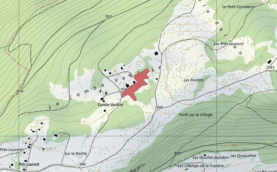 Carte nationale swisstopo avec le périmètre protégé de Combe Vaulare (Prairie sèche)