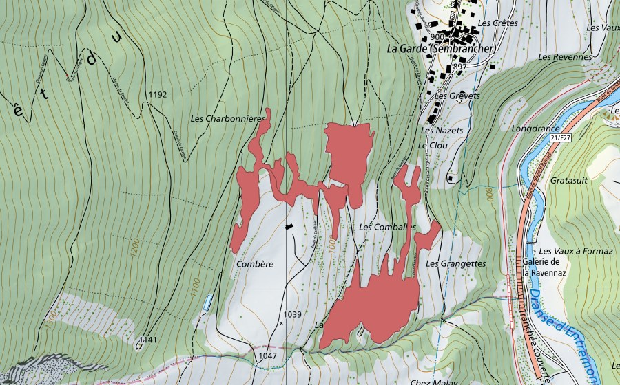 swisstopo national map showing the protected perimeter of Combère (Dry meadow)
