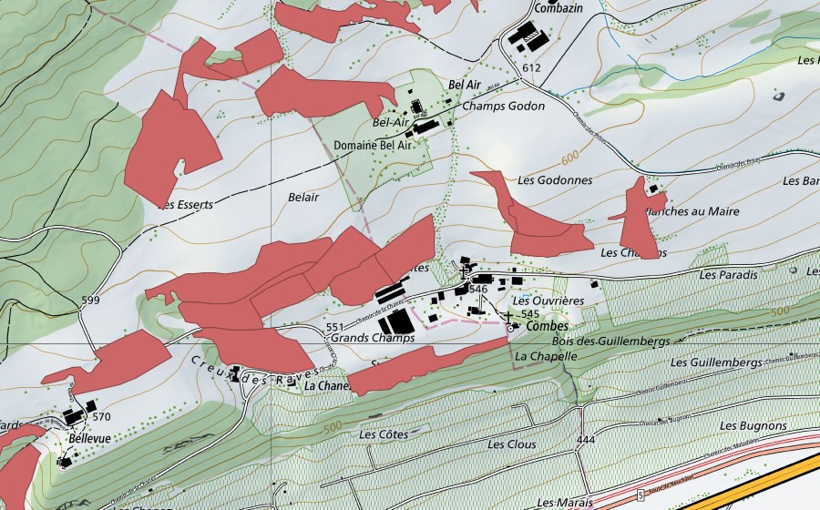 Carte nationale swisstopo avec le périmètre protégé de Combes (Prairie sèche)