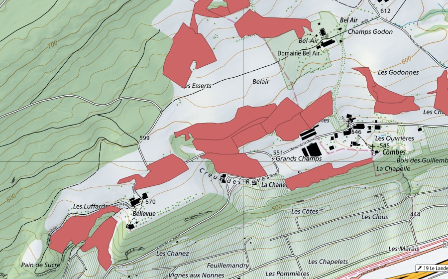 Carte nationale swisstopo avec le périmètre protégé de Combes (Prairie sèche)