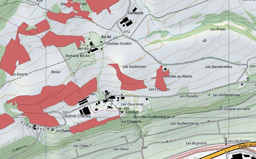 Carte nationale swisstopo avec le périmètre protégé de Combes (Prairie sèche)