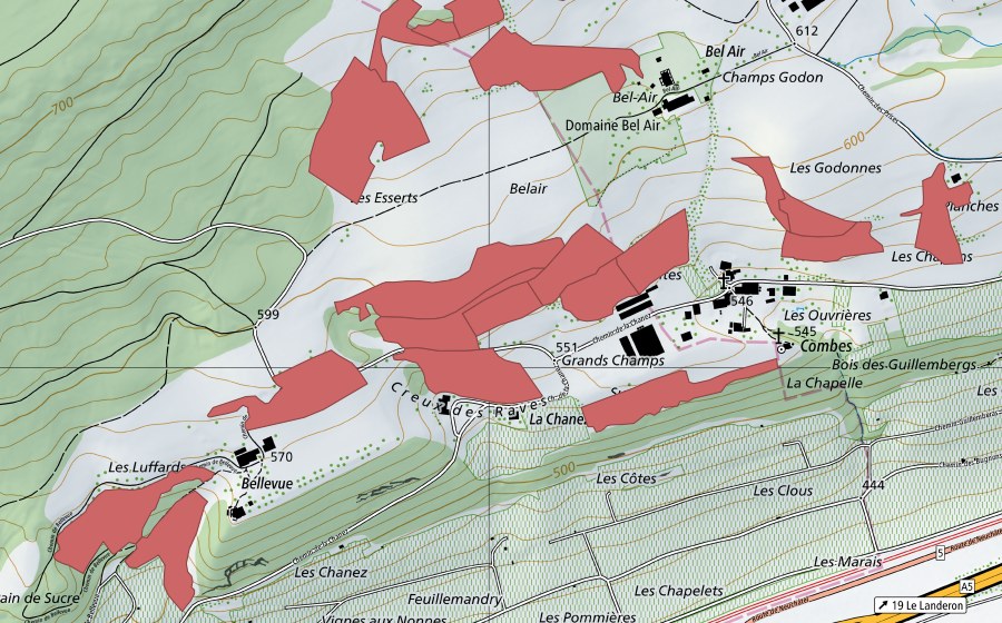Carte nationale swisstopo avec le périmètre protégé de Combes (Prairie sèche)